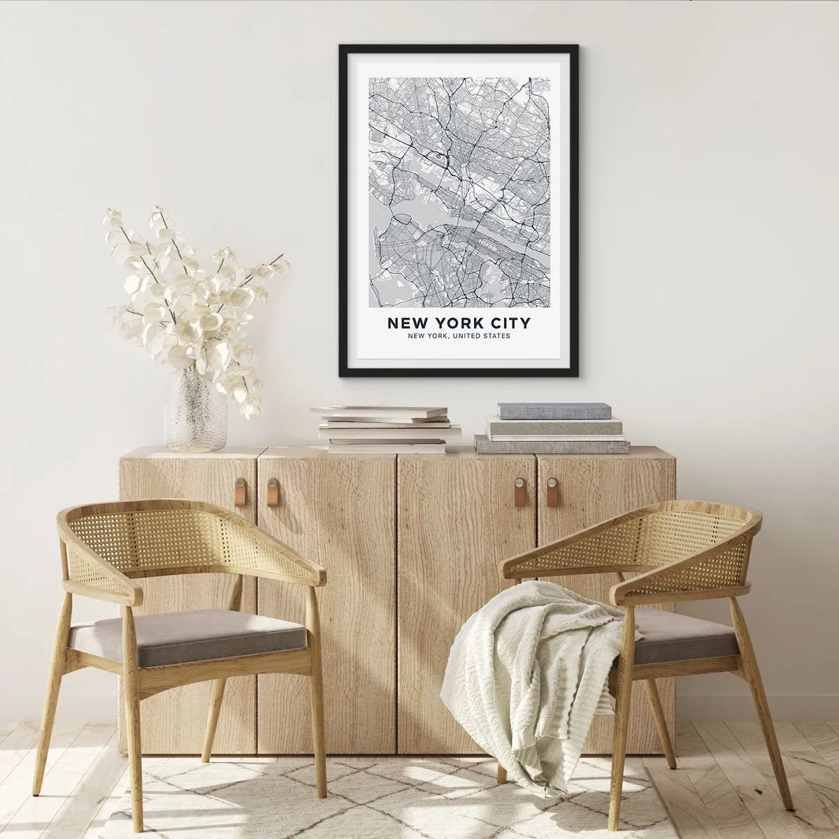 Poster in einem schwarzem Rahmen - Eine minimalistische Karte von New York City - 50x70cm - Die Anatomie einer Metropole - Moderne Wanddekoration für Wohnzimmer und Schlafzimmer ARTTOR