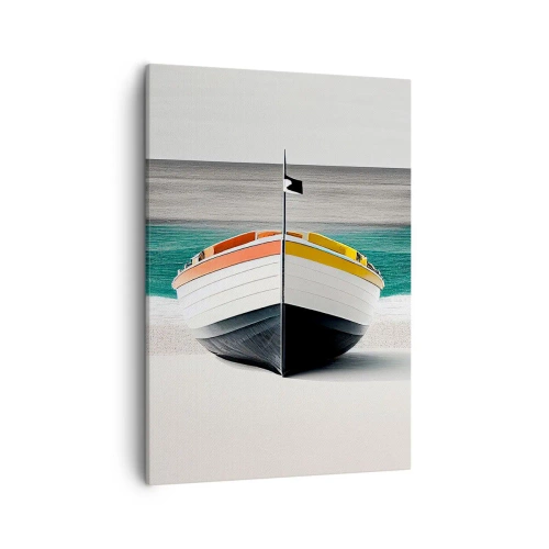 Bild auf Leinwand - Leinwandbild - Ein Boot am Strand mit türkisfarbenem Meer im Hintergrund - 50x70cm - An seinem Platz - Moderne Wanddekoration für Wohnzimmer und Schlafzimmer ARTTOR