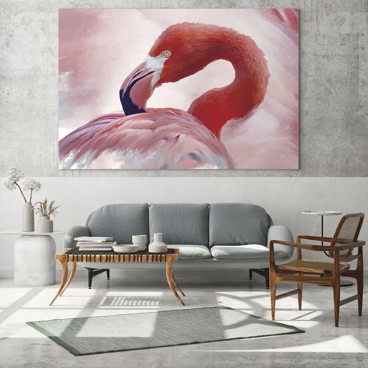Glasbild - Bild auf glas - Ein rosa Flamingo dreht sich anmutig zur Seite - 70x50cm - Vogel Schönheit - Moderne Wanddekoration für Wohnzimmer und Schlafzimmer ARTTOR