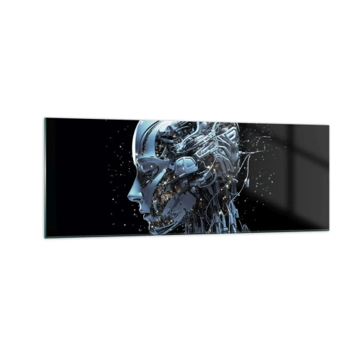 Glasbild - Bild auf glas - Futuristisches Porträt eines Cyborgs im Industriestil auf schwarzem Hintergrund. - 140x50cm - Technologie ist eine Frau - Moderne Wanddekoration für Wohnzimmer und Schlafzimmer ARTTOR