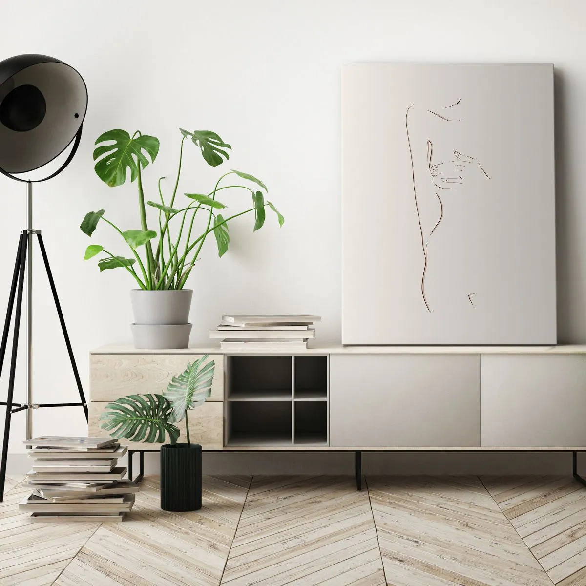 Bild auf Leinwand - Leinwandbild - Eine subtile Strichzeichnung einer Silhouette vor einem hellen Hintergrund - 70x100cm - Die Form des Verlangens - Moderne Wanddekoration für Wohnzimmer und Schlafzimmer ARTTOR