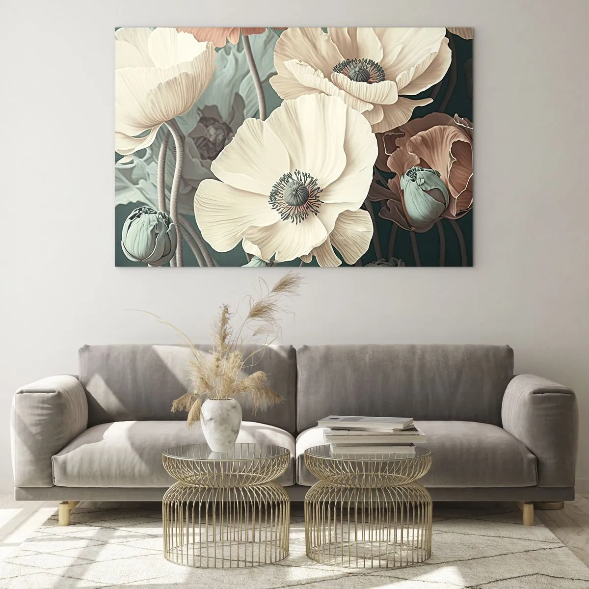 Glasbild - Bild auf glas - Zarte Creme und Lachs Mohn auf dunklem Hintergrund - 70x50cm - Flüstern von Mohnblumen - Moderne Wanddekoration für Wohnzimmer und Schlafzimmer ARTTOR