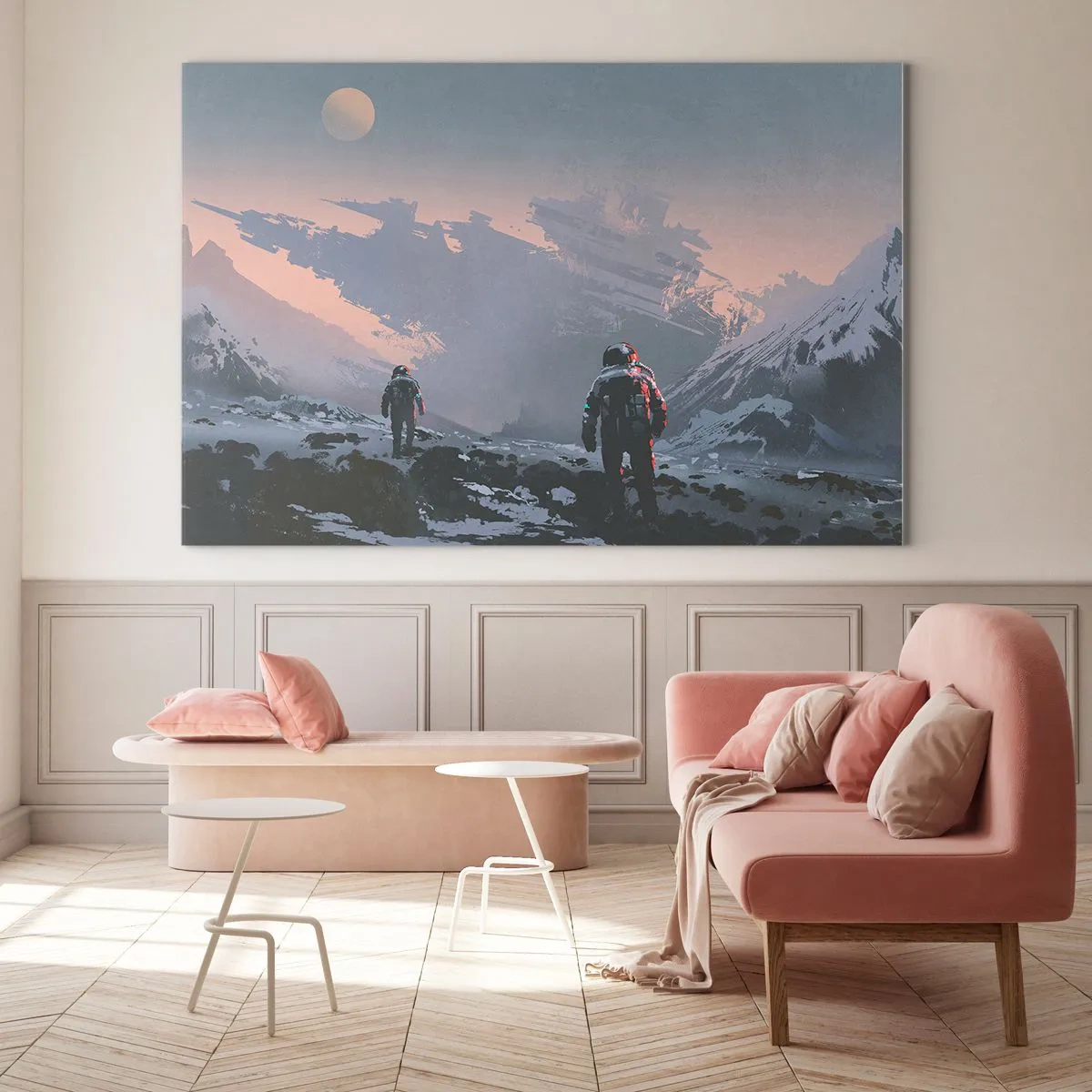 Glasbild - Bild auf glas - Astronauten auf einem fremden Planeten mit einem Schiffswrack im Hintergrund - 70x50cm - Unter einem unbekannten Stern - Moderne Wanddekoration für Wohnzimmer und Schlafzimmer ARTTOR