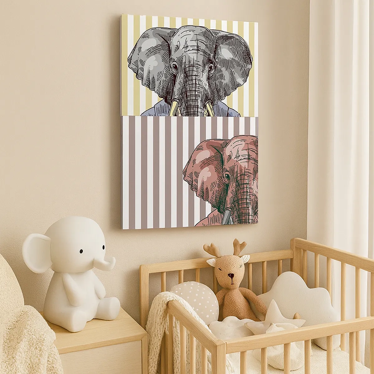 Bild auf Leinwand - Leinwandbild - Ein Elefant im Anzug vor einem Hintergrund aus beigen Streifen - 50x70cm - Von Natur aus elegant - Moderne Wanddekoration für Wohnzimmer und Schlafzimmer ARTTOR