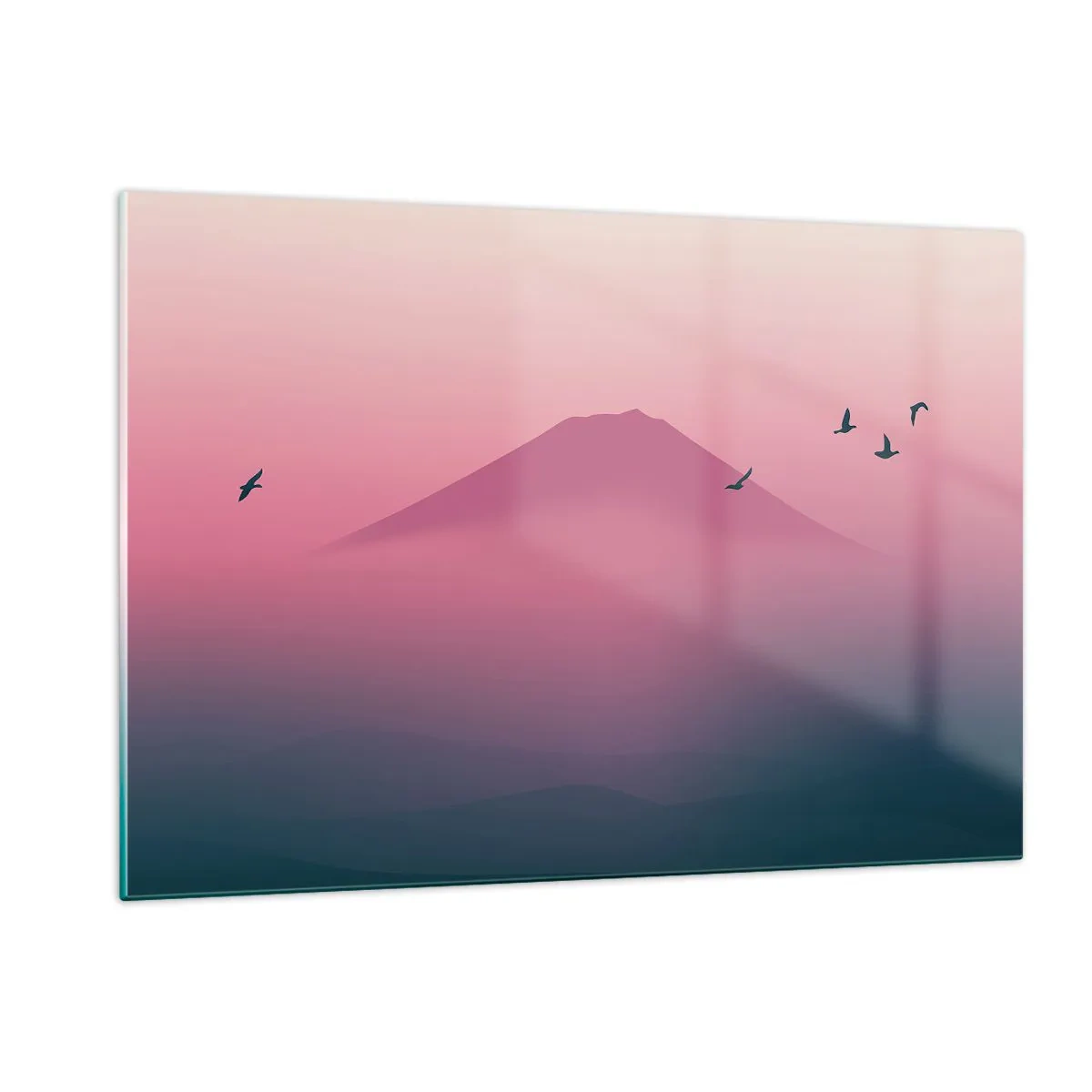 Glasbild - Bild auf glas - Eine minimalistische Landschaft mit einem Berg und Vögeln in Pastellfarben. - 120x80cm - Wanderer über den Wolken - Moderne Wanddekoration für Wohnzimmer und Schlafzimmer ARTTOR