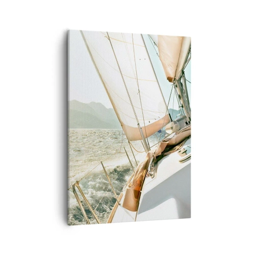 Bild auf Leinwand - Leinwandbild - Eine Yacht auf offener See mit Blick auf die Berge - 50x70cm - Unter vollen Segeln - Moderne Wanddekoration für Wohnzimmer und Schlafzimmer ARTTOR
