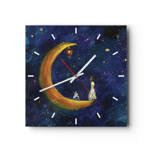 Wanduhr - Glasuhr - Ein Mädchen steht auf dem Mond in einem Sternenhimmel - 30x30cm - Der Ruf der Welt - Moderne Wanddekoration für Wohnzimmer und Schlafzimmer ARTTOR