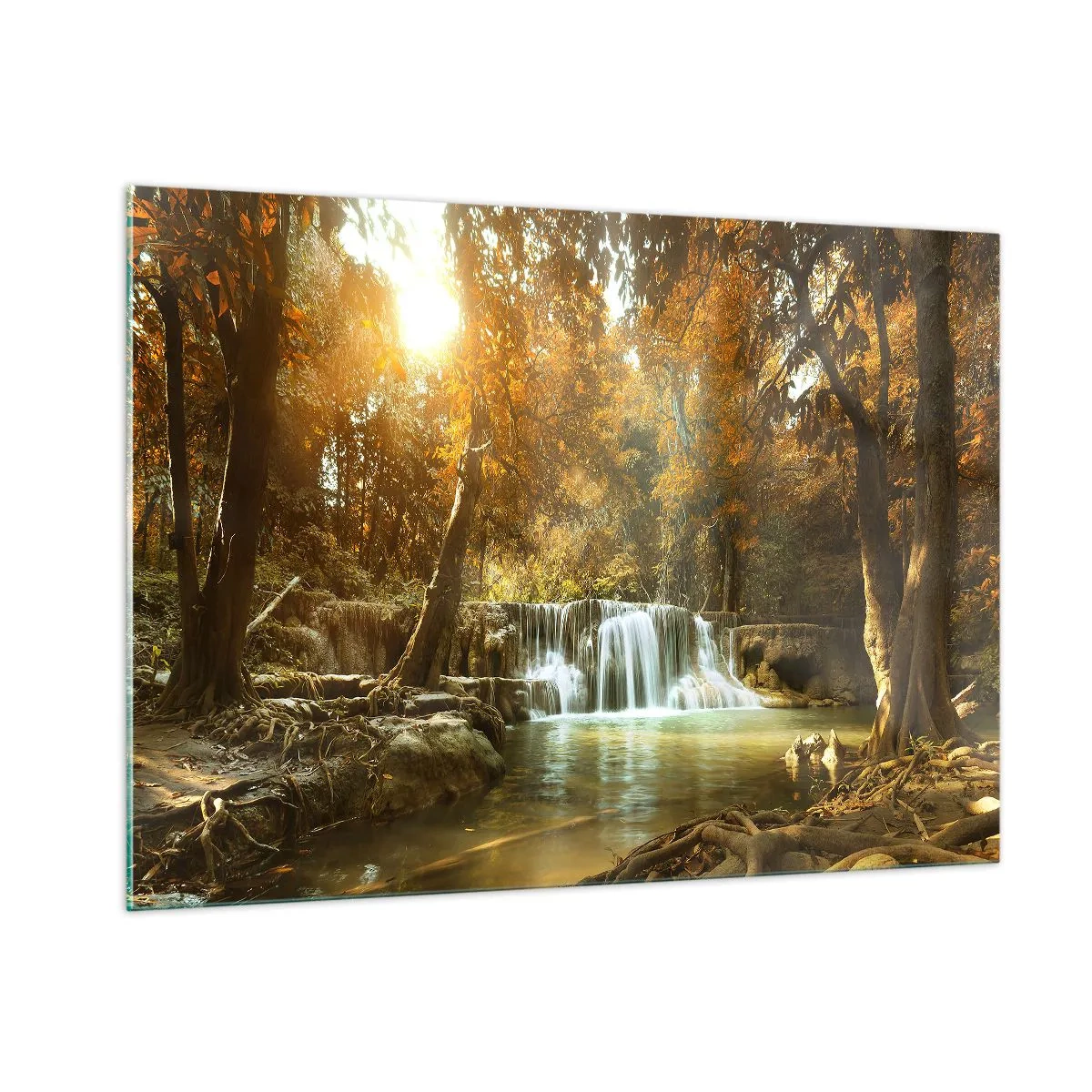 Glasbild - Bild auf glas - Ein Wasserfall in einem Park, umgeben von Bäumen in Herbstfarben - 100x70cm - Parkkaskade - Moderne Wanddekoration für Wohnzimmer und Schlafzimmer ARTTOR