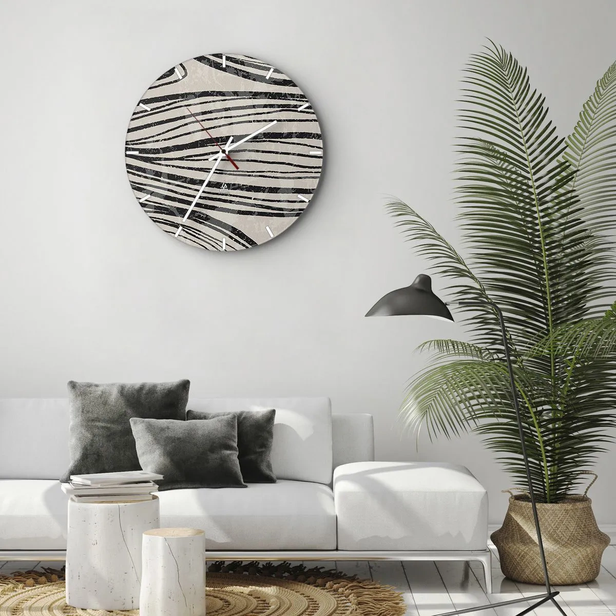 Wanduhr - Glasuhr - Schwarze Linien auf beigem Hintergrund in rhythmischer Anordnung - 30x30cm - Linienpool - Moderne Wanddekoration für Wohnzimmer, Küche und Schlafzimmer ARTTOR