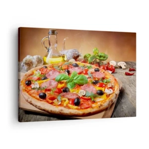 Bild auf Leinwand - Leinwandbild - Appetitliche Pizza auf einem Holztisch mit Belag - 70x50cm - Mit echtem italienischem Flair - Moderne Wanddekoration für Wohnzimmer und Schlafzimmer ARTTOR