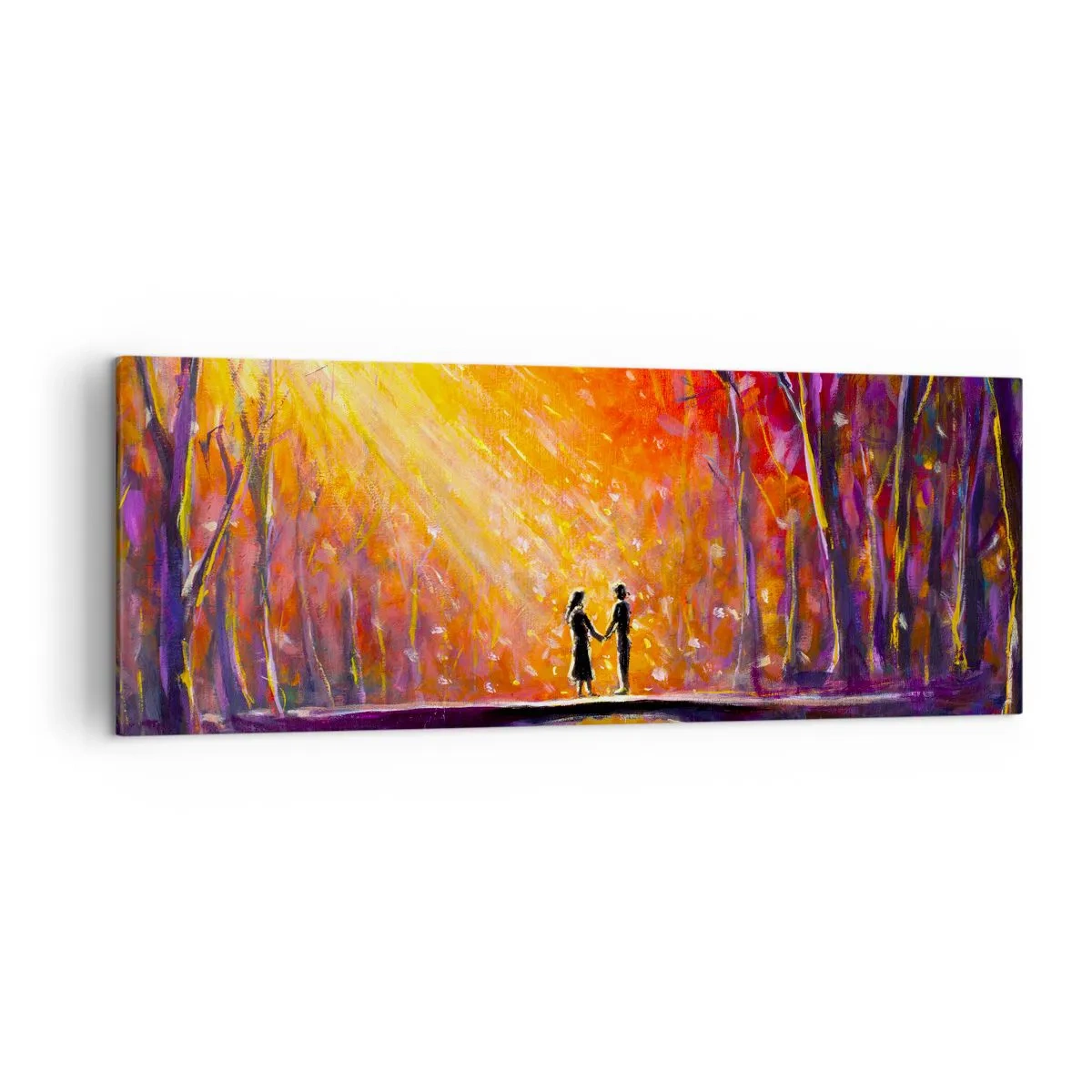 Bild auf Leinwand - Leinwandbild - Romantisches Paar auf einer Brücke im herbstlichen Wald - 140x50cm - Der Himmel liebt sie auch - Moderne Wanddekoration für Wohnzimmer und Schlafzimmer ARTTOR