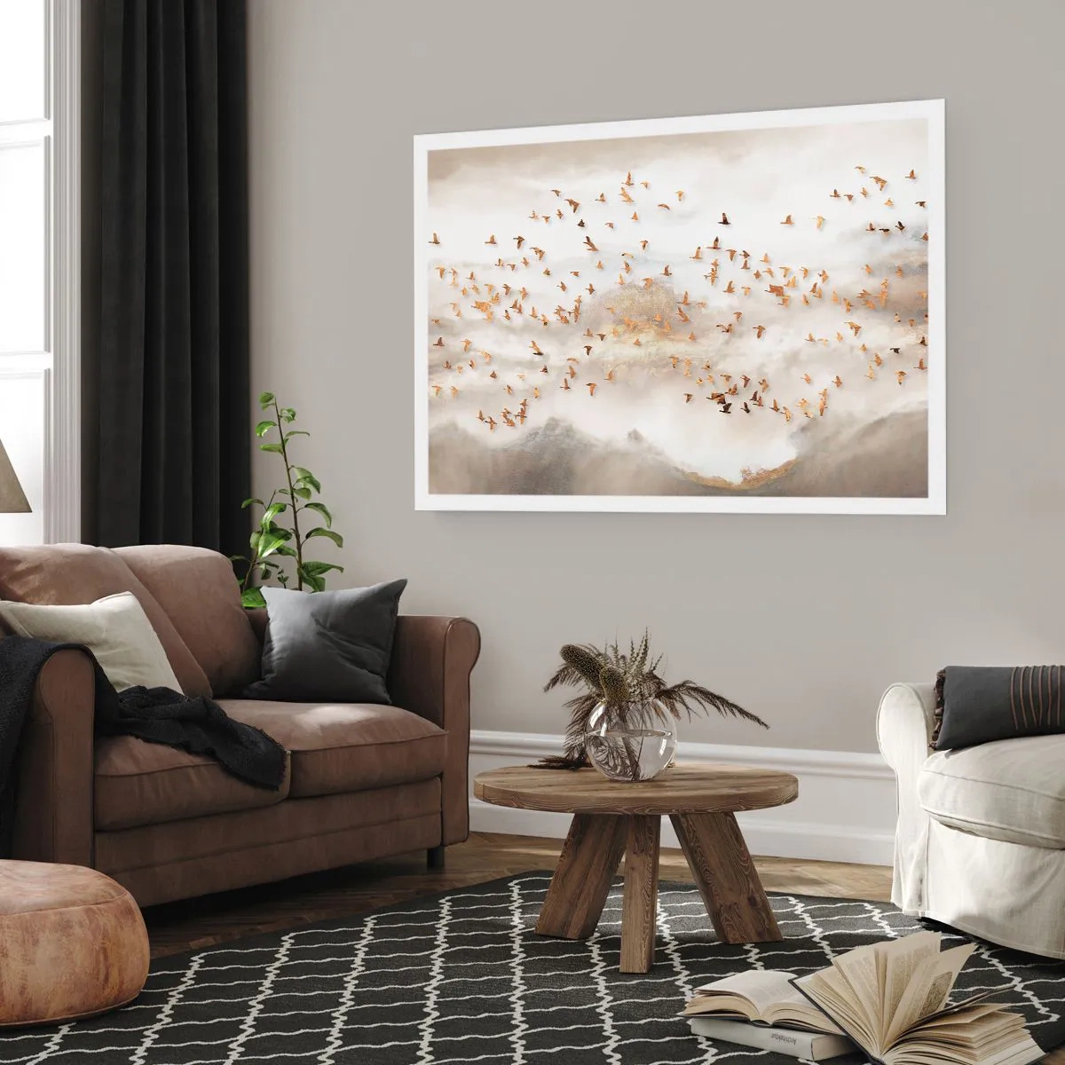 Poster - Goldene Vögel vor den nebligen Bergen - 100x70cm - Es ist schon die Zeit… - Moderne Wanddekoration für Wohnzimmer und Schlafzimmer ARTTOR