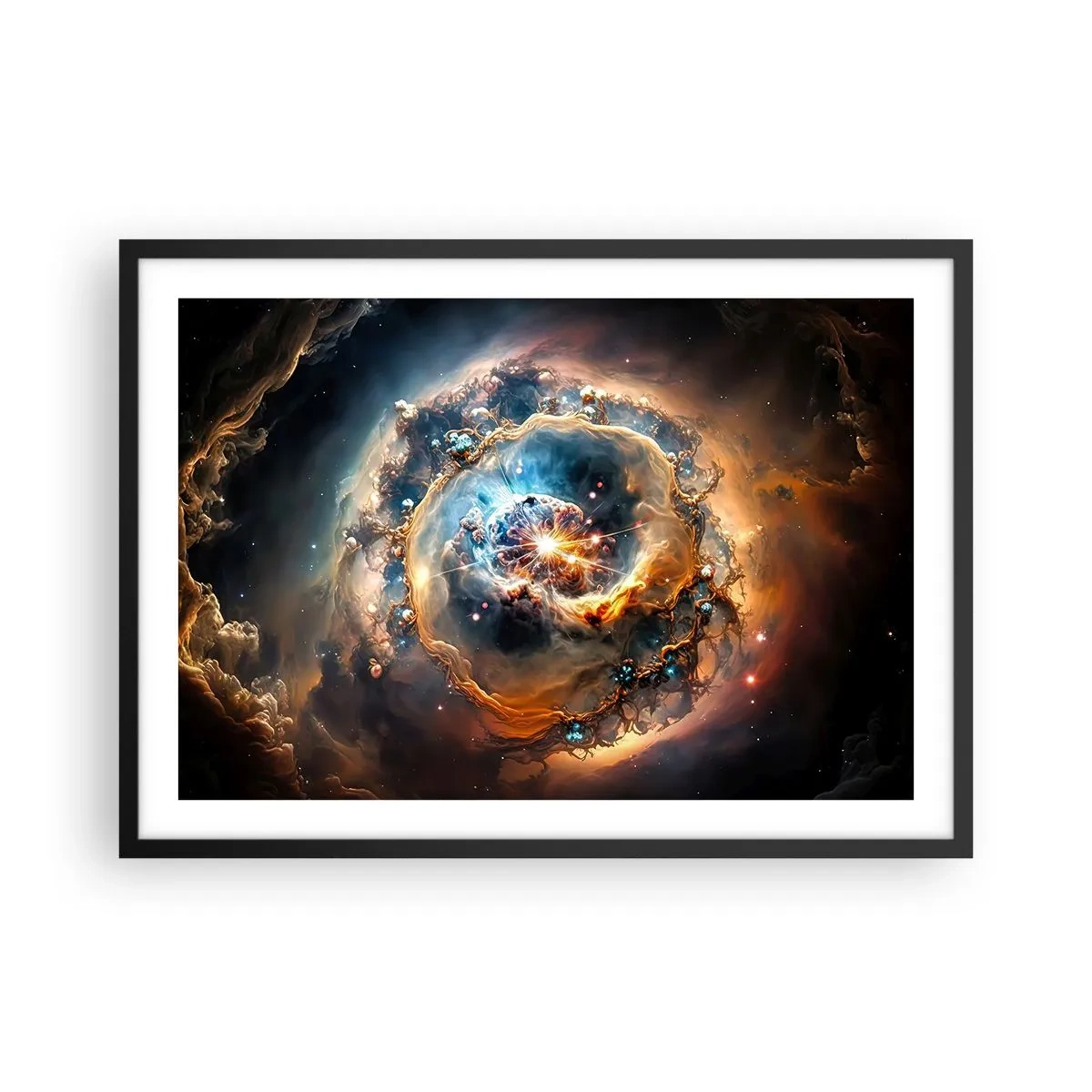 Poster in einem schwarzem Rahmen - Eine abstrakte Vision einer kosmischen Explosion in Gold- und Blautönen. - 70x50cm - Anfang - Moderne Wanddekoration für Wohnzimmer und Schlafzimmer ARTTOR