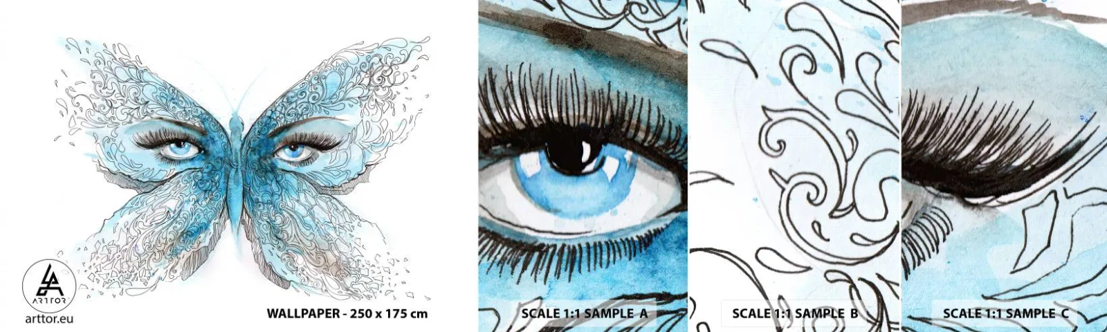 Fototapetenmuster Standard Eco - Eros Blaumeise - Abstraktion, Schmetterling, Weibliche Augen - 100x30 cm