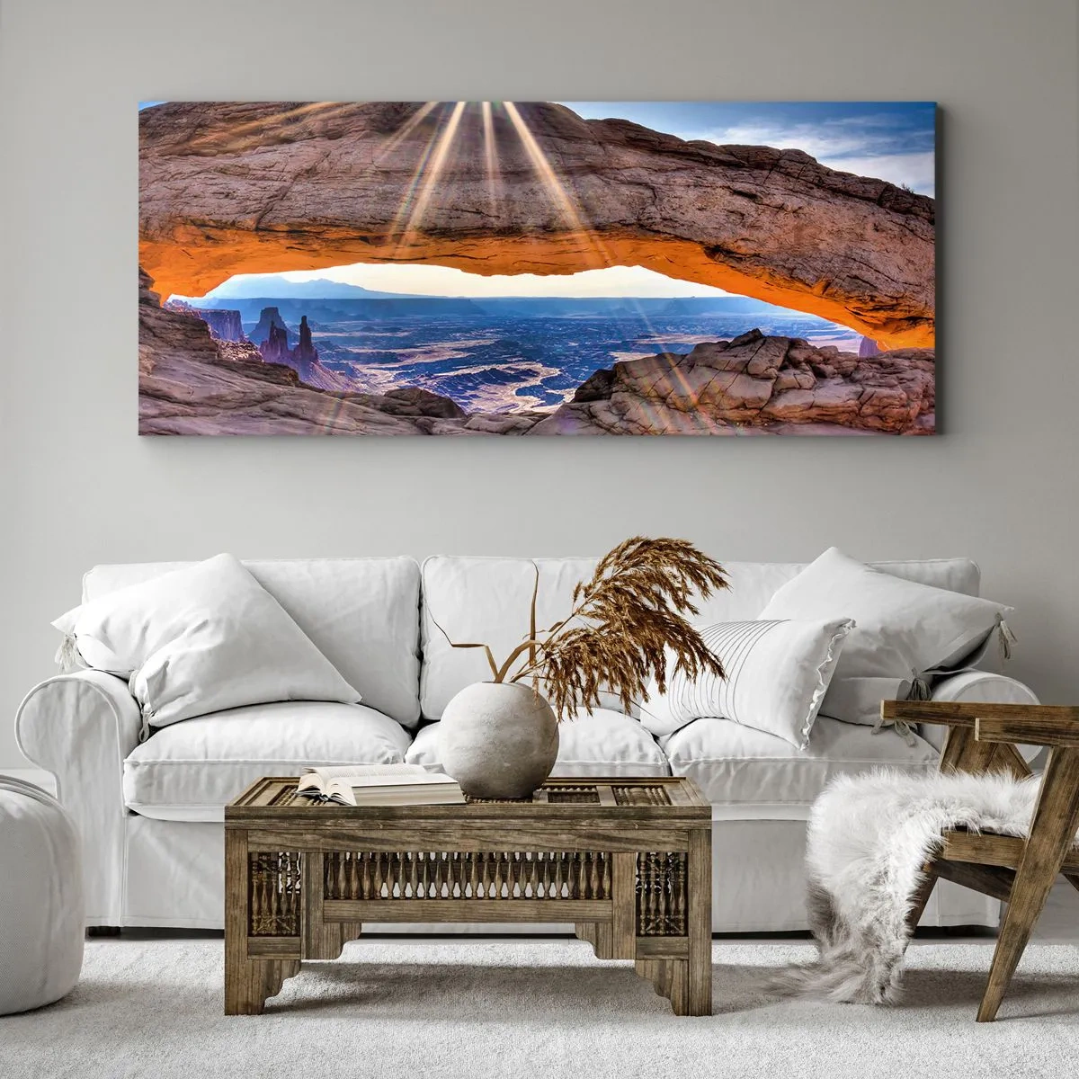 Bild auf Leinwand - Leinwandbild - Felsbogen mit Blick auf den Canyon bei Sonnenaufgang - 160x50cm - Durch das Felsentor - Moderne Wanddekoration für Wohnzimmer und Schlafzimmer ARTTOR