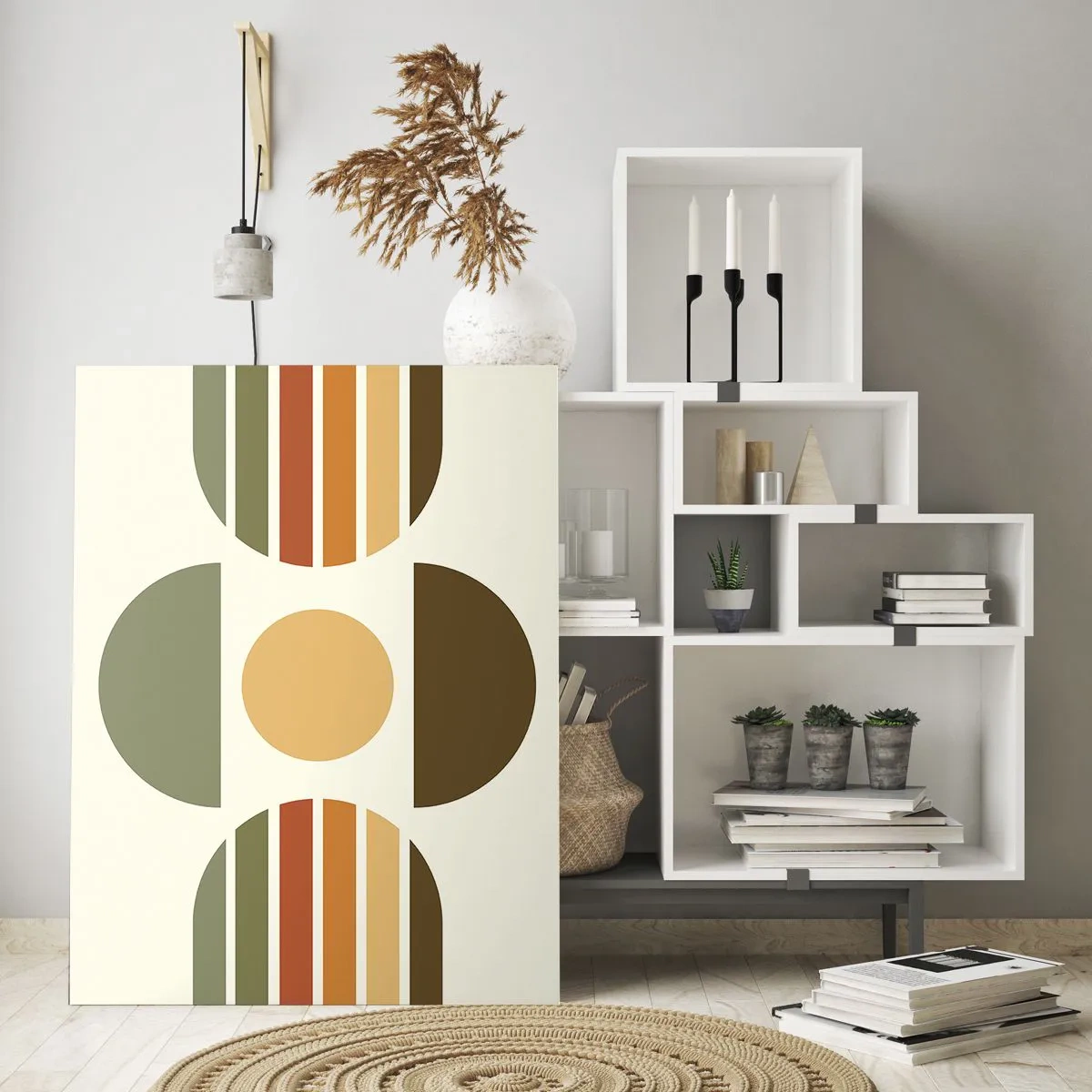 Glasbild - Bild auf glas - Geometrische Komposition mit Halbkreisen und Streifen in Erdtönen - 80x120cm - In Erdtönen - Moderne Wanddekoration für Wohnzimmer und Schlafzimmer ARTTOR