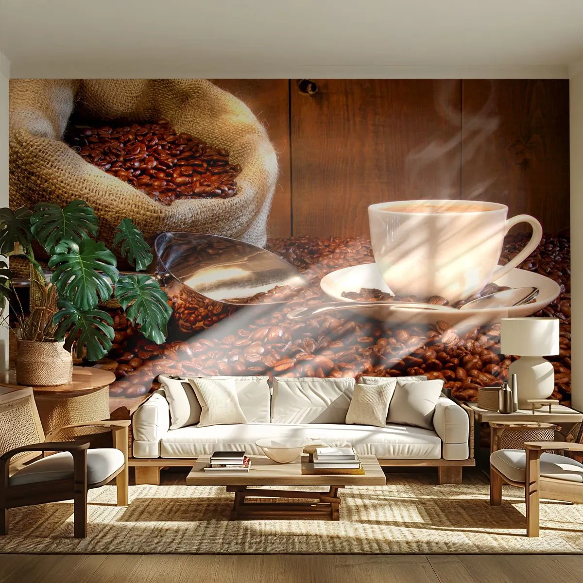 Fototapete Premium Sand - Fühlst du diesen Geruch? - Kaffeebohnen, Aroma, Gastronomie - 300x210 cm