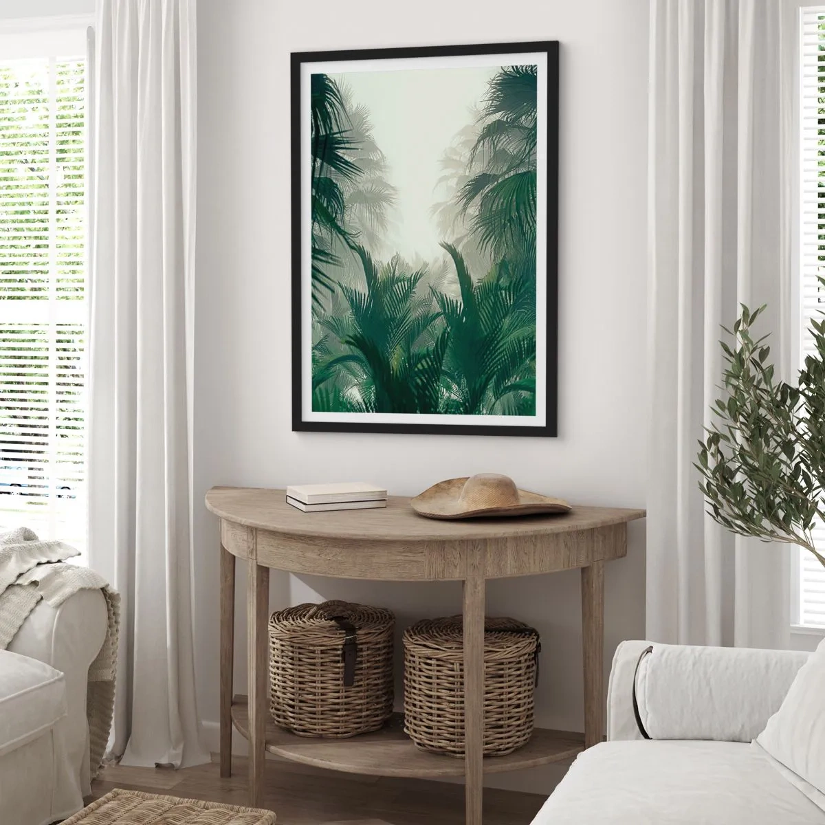 Poster in einem schwarzem Rahmen - Tropische Vegetation in nebliger Umgebung - 50x70cm - Tropisches Geheimnis - Moderne Wanddekoration für Wohnzimmer und Schlafzimmer ARTTOR