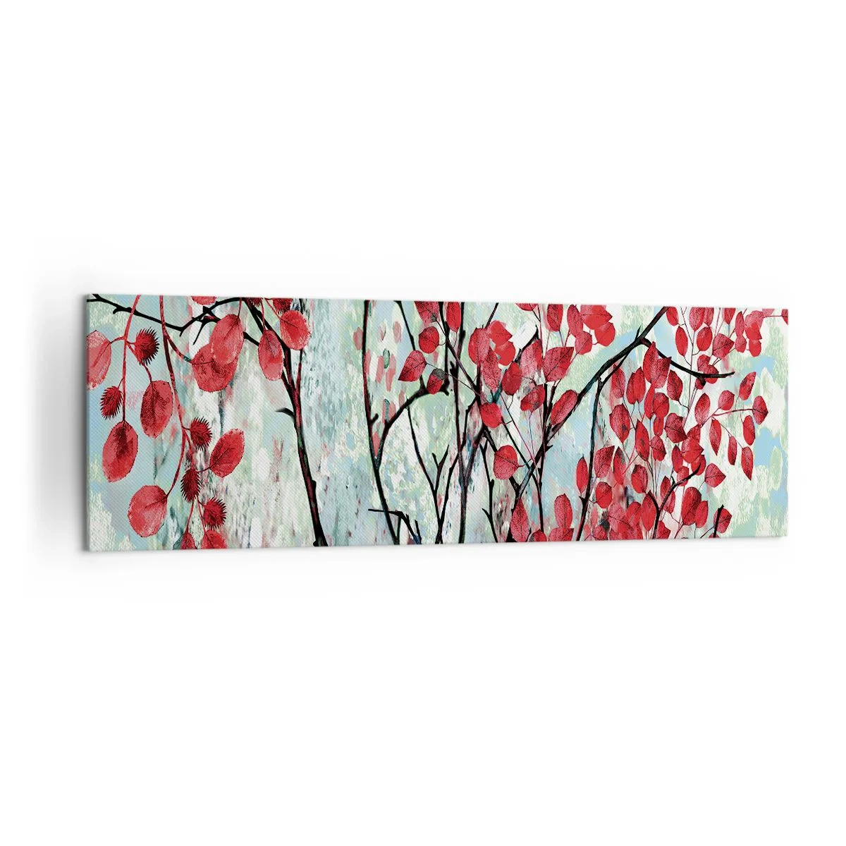 Bild auf Leinwand - Leinwandbild - Rote Blätter vor einem hellen Himmel mit abstrakten Mustern - 160x50cm - Baum in Scharlachrot - Moderne Wanddekoration für Wohnzimmer und Schlafzimmer ARTTOR