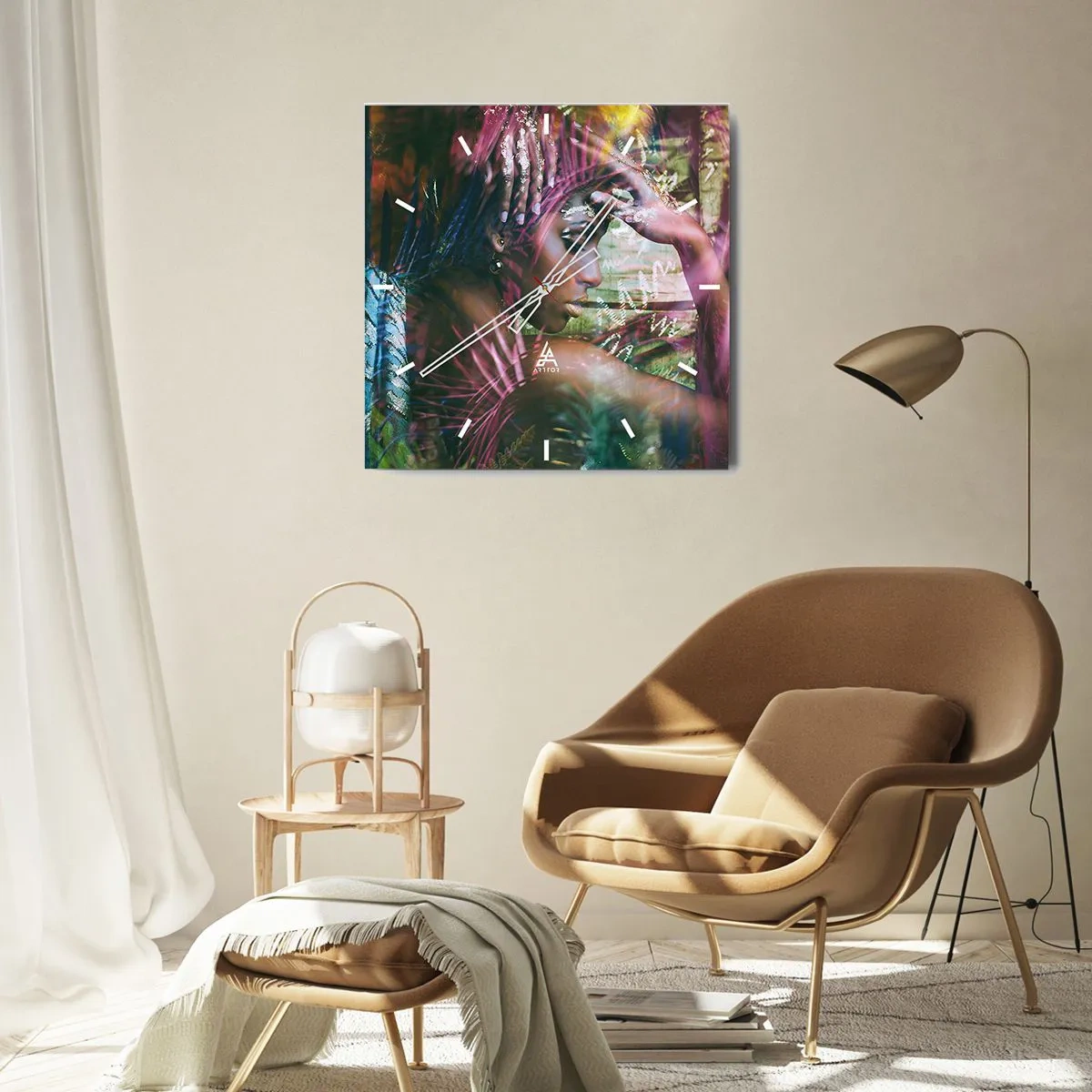 Wanduhr - Glasuhr - Porträt einer Frau, umgeben von exotischer Vegetation - 30x30cm - Mutter Natur im Dschungel - Moderne Wanddekoration für Wohnzimmer und Schlafzimmer ARTTOR