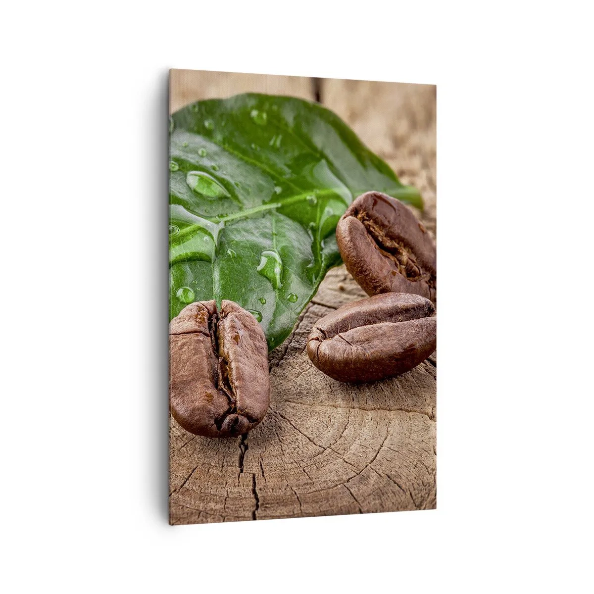Bild auf Leinwand - Leinwandbild - Kaffeebohnen und grünes Blatt auf einem hölzernen Hintergrund - 80x120cm - Der wahrste und schwarze - Moderne Wanddekoration für Wohnzimmer und Schlafzimmer ARTTOR