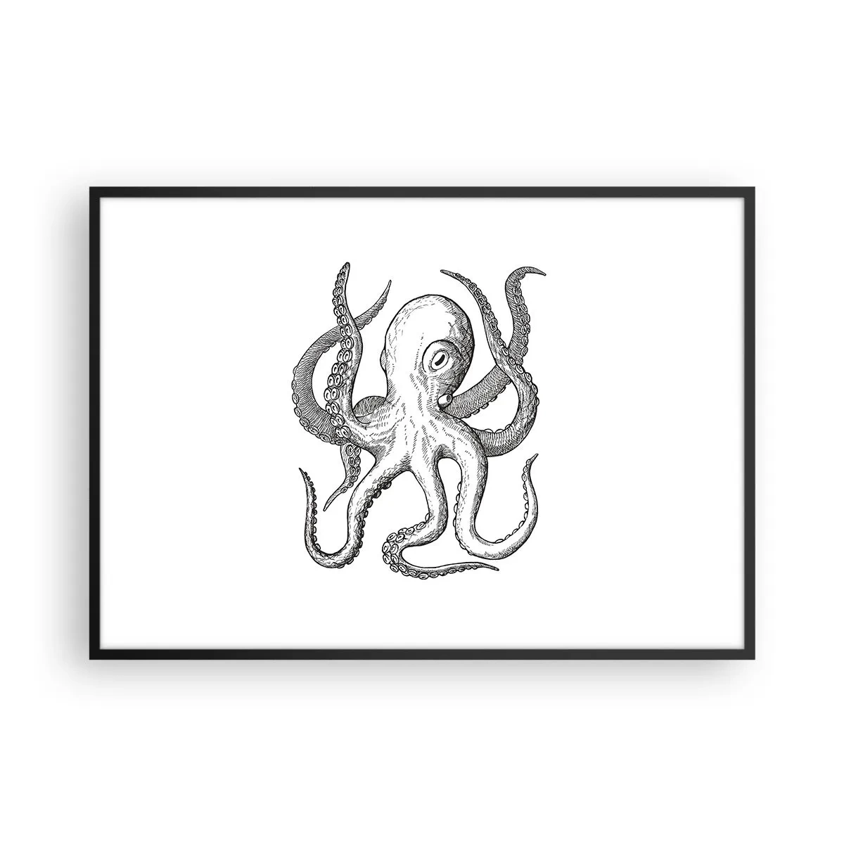 Poster in einem schwarzem Rahmen - Schwarz-weiße Zeichnung eines Oktopus auf weißem Hintergrund im Vintage-Stil - 100x70cm - Mit den Wellen tanzen - Moderne Wanddekoration für Wohnzimmer und Schlafzimmer ARTTOR