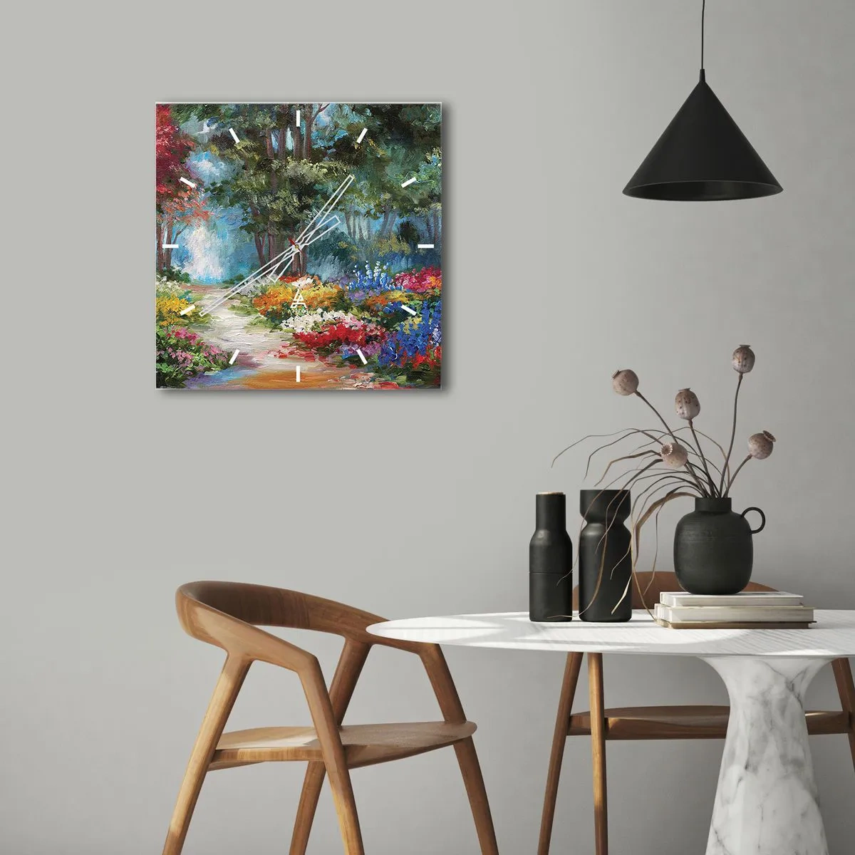 Wanduhr - Glasuhr - Ein malerischer Garten voller bunter Blumen und Bäume in einer Waldumgebung - 30x30cm - Waldgarten, Blumenwald - Moderne Wanddekoration für Wohnzimmer und Schlafzimmer ARTTOR