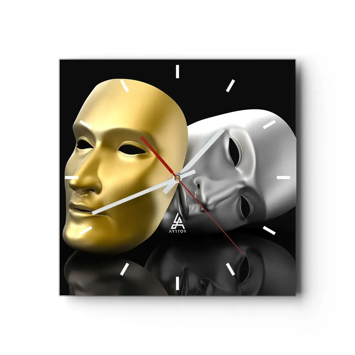 Wanduhr - Glasuhr - Gold- und Silbermaske auf schwarzem Hintergrund - 30x30cm - Das Leben ist wie ein Theater - Moderne Wanddekoration für Wohnzimmer und Schlafzimmer ARTTOR