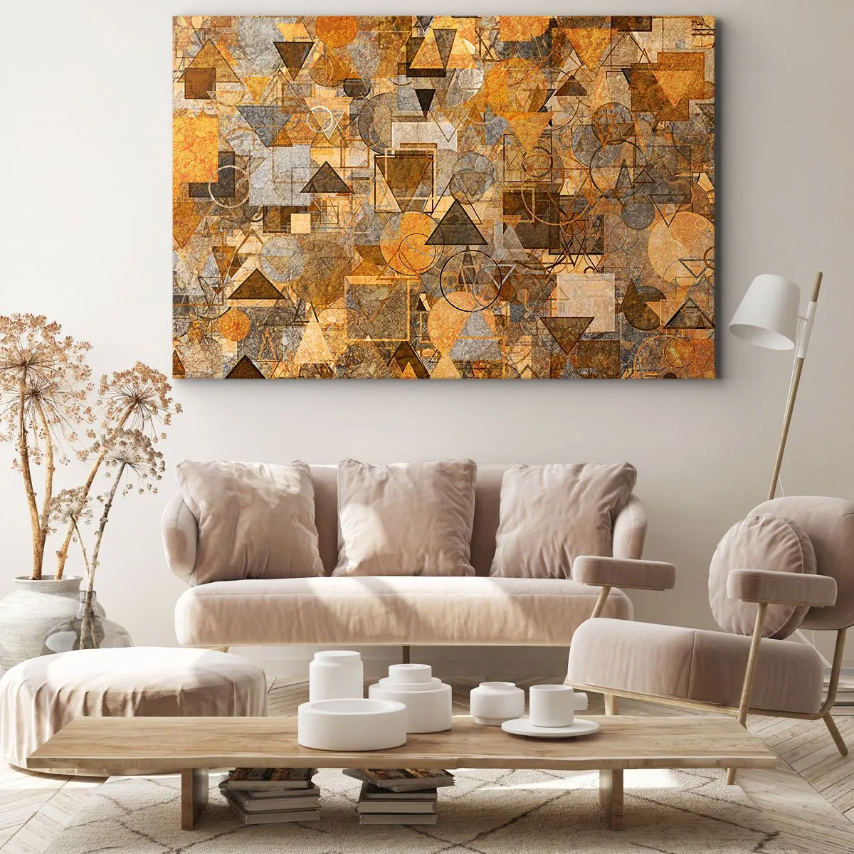 Bild auf Leinwand - Leinwandbild - Abstrakte geometrische Muster in Goldtönen - 70x50cm - Die Welt in Form - Moderne Wanddekoration für Wohnzimmer und Schlafzimmer ARTTOR