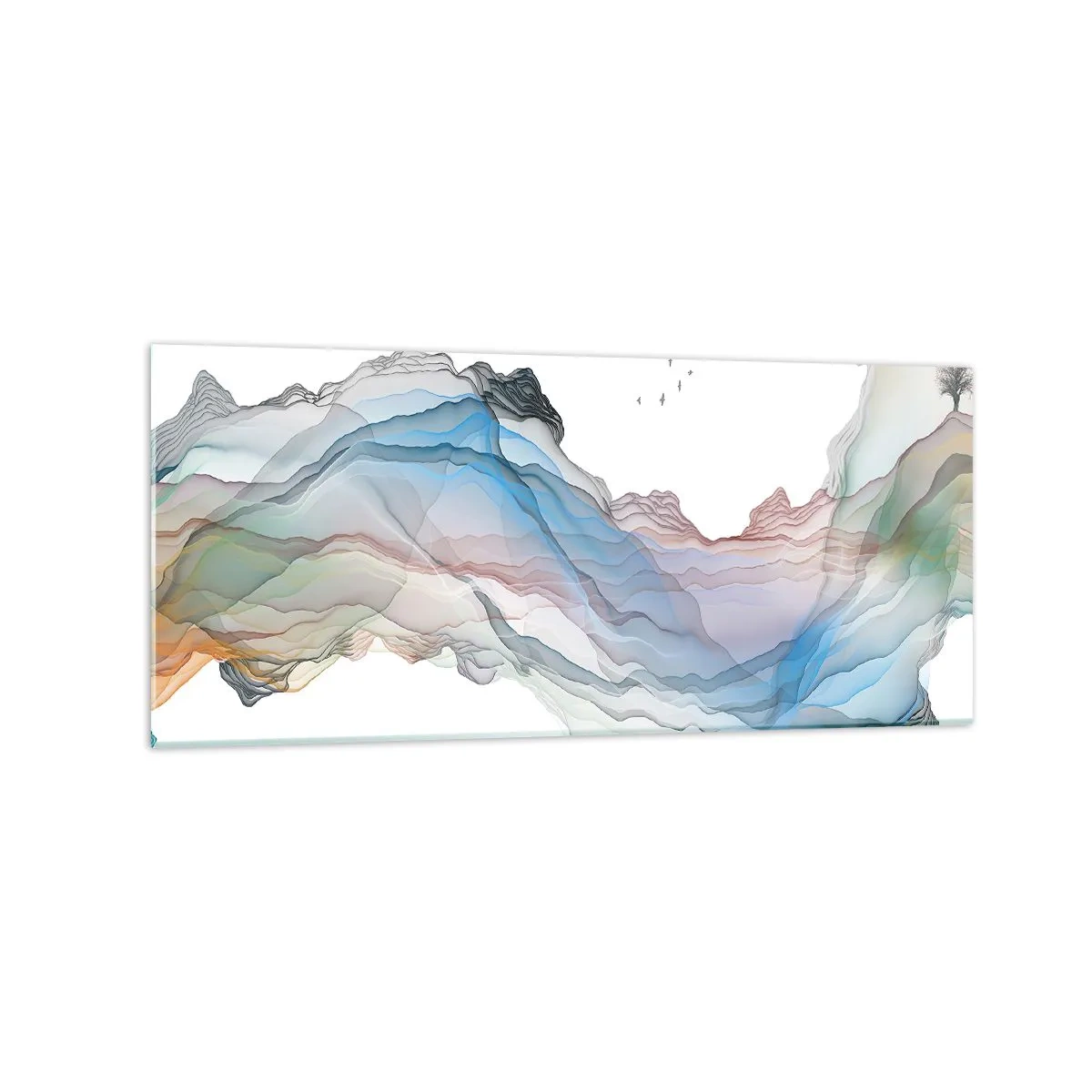 Glasbild - Bild auf glas - Eine subtile Landschaft mit Bergen, Wasser und einem Boot - 120x50cm - Zu den Kristallbergen - Moderne Wanddekoration für Wohnzimmer und Schlafzimmer ARTTOR