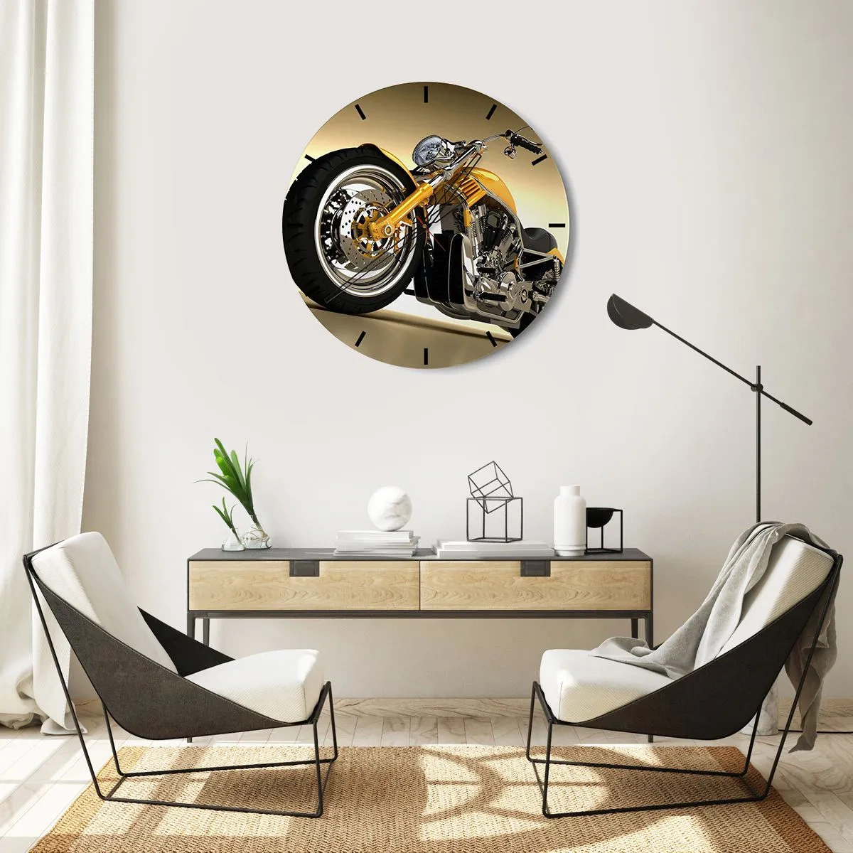 Wanduhr - Glasuhr - Ein stilvolles Motorrad in Gold- und Chromtönen - 30x30cm - Ein Traum von Kraft und Geschwindigkeit - Moderne Wanddekoration für Wohnzimmer, Küche und Schlafzimmer ARTTOR