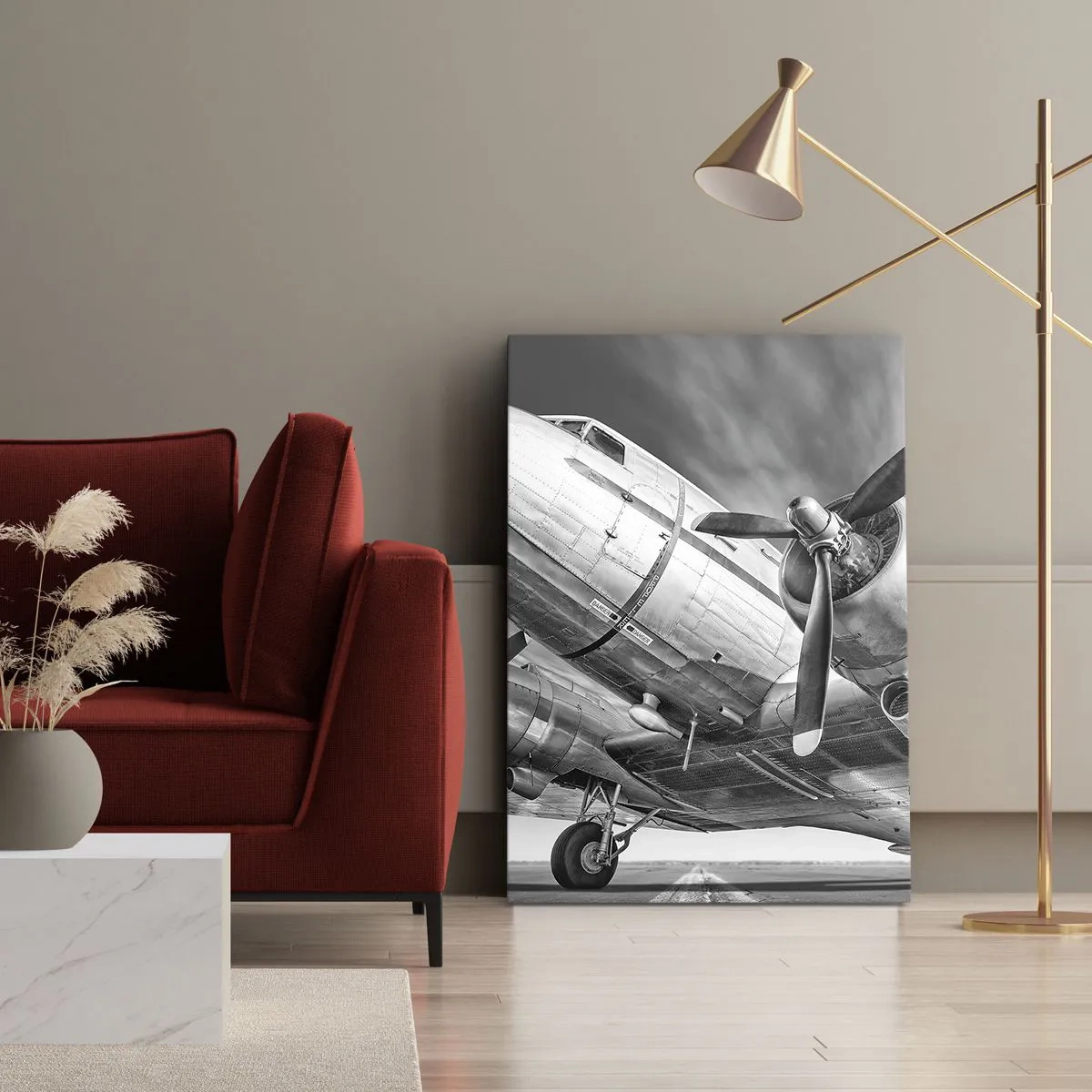 Bild auf Leinwand - Leinwandbild - Ein Schwarzweißbild eines klassischen Flugzeugs mit sichtbaren Strukturdetails. - 70x100cm - Immer flugbereit - Moderne Wanddekoration für Wohnzimmer und Schlafzimmer ARTTOR