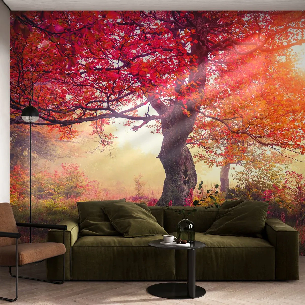 Fototapete Premium Sand - Herbstlandschaft mit Bäumen im goldenen Licht - 100x70cm - Blühende Raserei - Moderne Wanddekoration für Wohnzimmer und Schlafzimmer ARTTOR