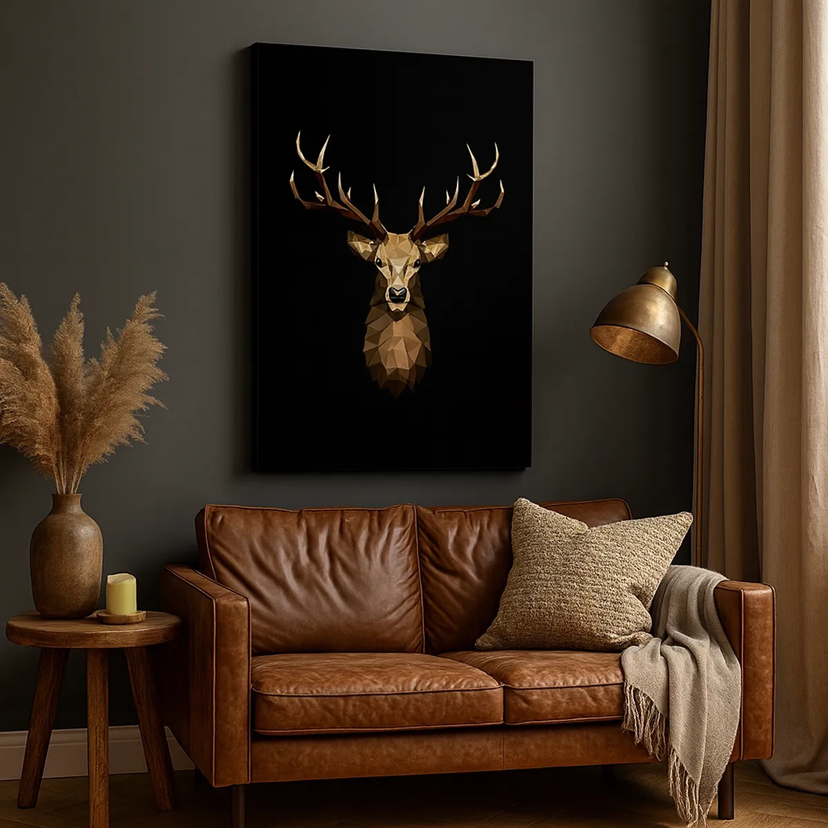 Bild auf Leinwand - Leinwandbild - Geometrisches Polygon Hirsch auf schwarzem Hintergrund - 50x70cm - Kubistischer Hirsch - Moderne Wanddekoration für Wohnzimmer und Schlafzimmer ARTTOR