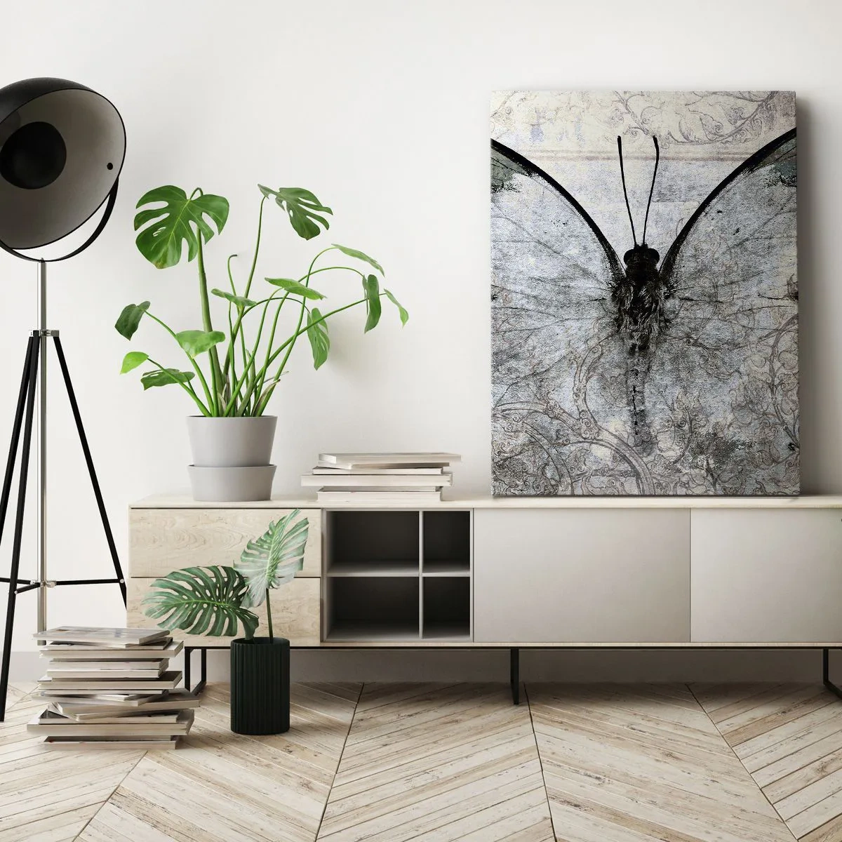 Bild auf Leinwand - Leinwandbild - Ein Schmetterling in Grün- und Grautönen auf dekorativem Hintergrund - 50x70cm - Im Jugendstil - Moderne Wanddekoration für Wohnzimmer und Schlafzimmer ARTTOR