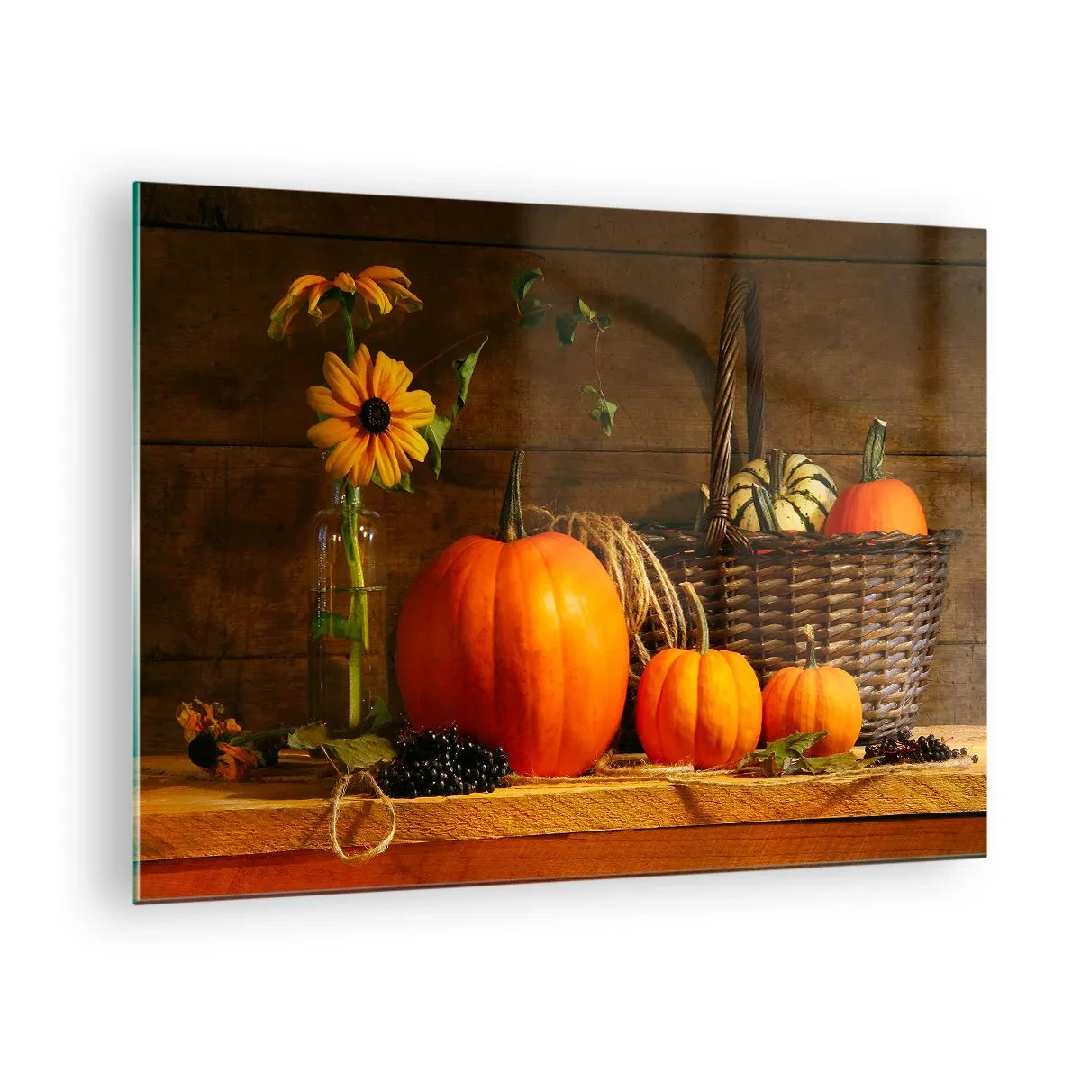 Glasbild - Bild auf glas - Herbstliches Stillleben mit Kürbissen und Blumen - 70x50cm - Eine rustikale Komposition - Geschenke des Herbstes - Moderne Wanddekoration für Wohnzimmer und Schlafzimmer ARTTOR