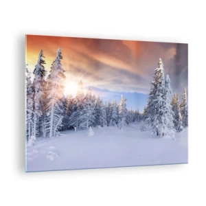 Glasbild - Bild auf glas - Winterlandschaft mit schneebedeckten Bäumen bei Sonnenuntergang - 70x50cm - Ein verschneites Naturschauspiel - Moderne Wanddekoration für Wohnzimmer und Schlafzimmer ARTTOR
