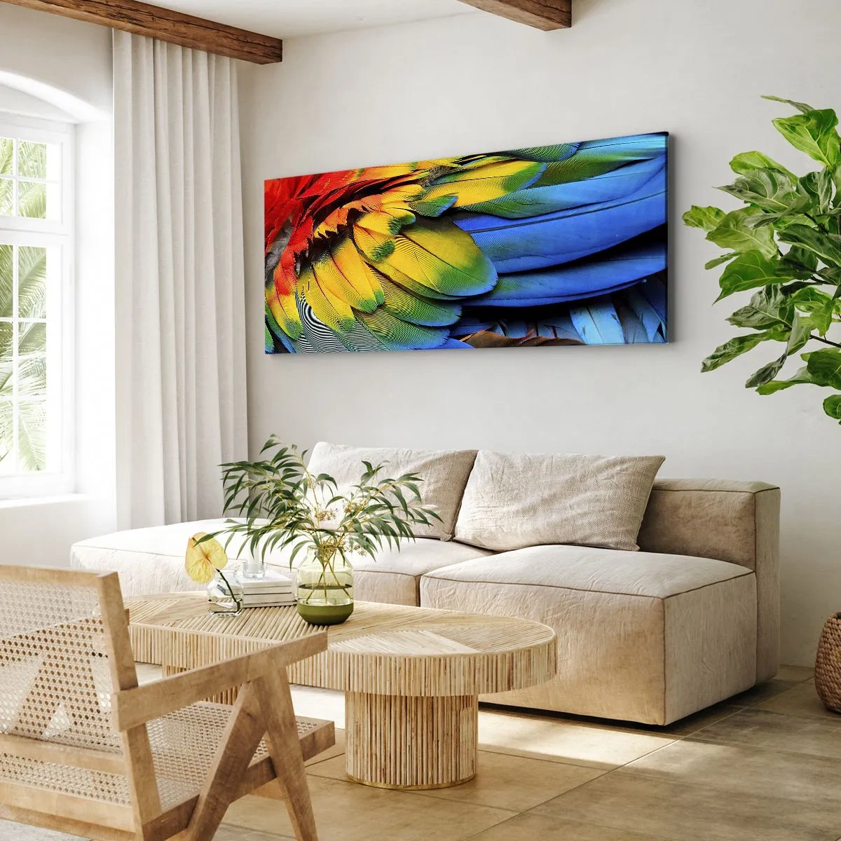 Bild auf Leinwand - Leinwandbild - Eine Nahaufnahme der bunten Federn eines Papageis - 160x50cm - Paradiesvogel - Moderne Wanddekoration für Wohnzimmer und Schlafzimmer ARTTOR