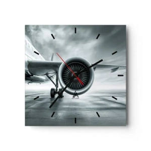 Wanduhr - Glasuhr - Das Düsentriebwerk eines Flugzeugs auf dem Rollfeld - 30x30cm - Die Macht ist da! - Moderne Wanddekoration für Wohnzimmer und Schlafzimmer ARTTOR