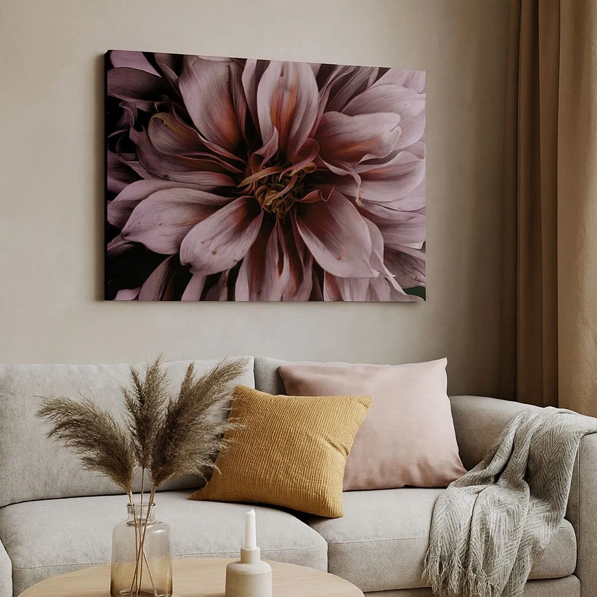 Bild auf Leinwand - Leinwandbild - Nahaufnahme einer großen Blume in dezenten Farben - 70x50cm - Ein Blumenherz - Moderne Wanddekoration für Wohnzimmer und Schlafzimmer ARTTOR