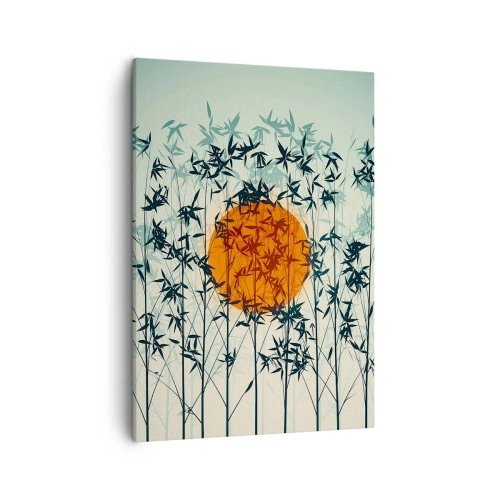 Bild auf Leinwand - Leinwandbild - Orange Sonne zwischen den Bambuszweigen - 50x70cm - Japanische Sonne - Moderne Wanddekoration für Wohnzimmer und Schlafzimmer ARTTOR