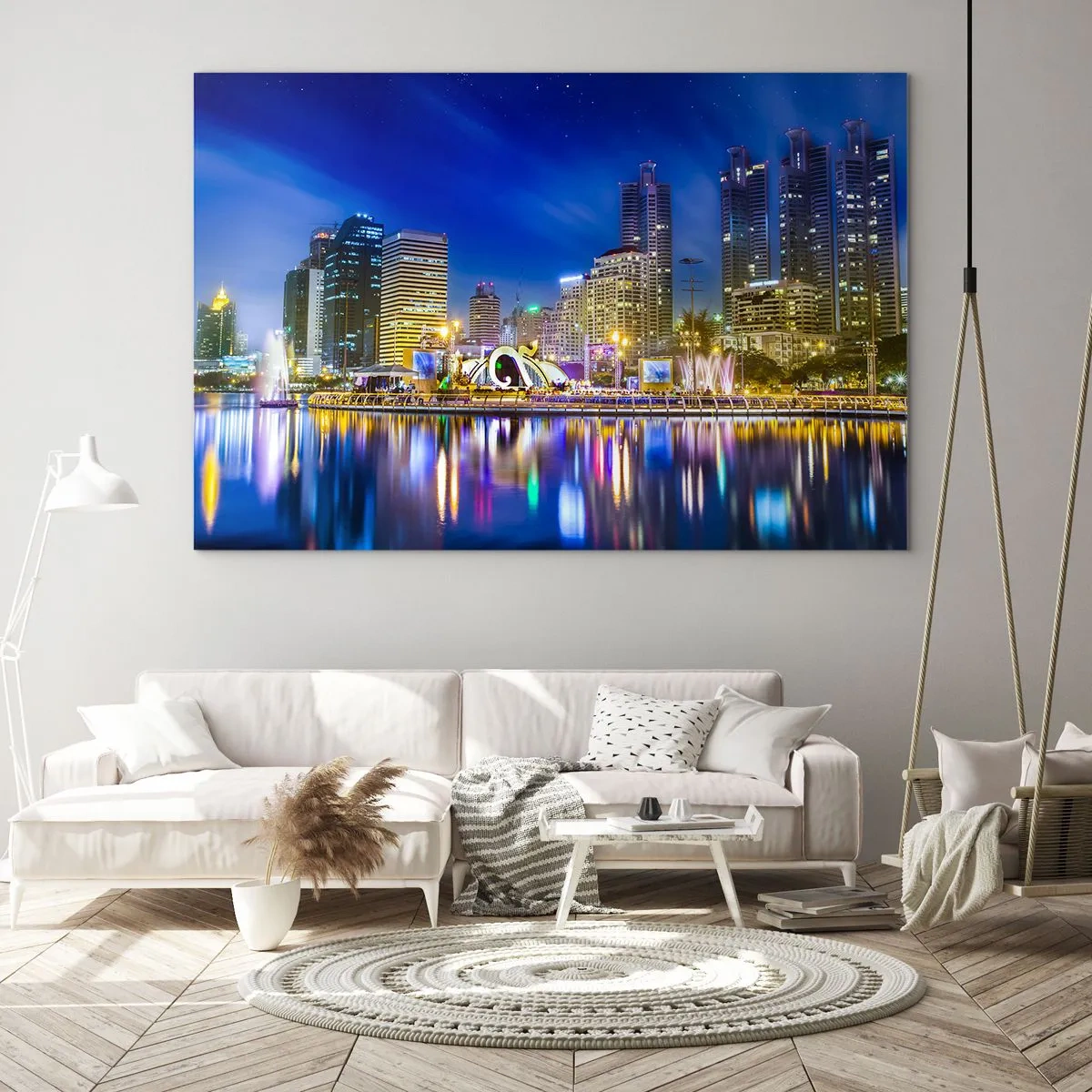 Glasbild - Bild auf glas - Panorama der Stadt bei Nacht mit den im Wasser reflektierten Lichtern - 120x80cm - Metropolis bei Regenbogennacht - Moderne Wanddekoration für Wohnzimmer und Schlafzimmer ARTTOR