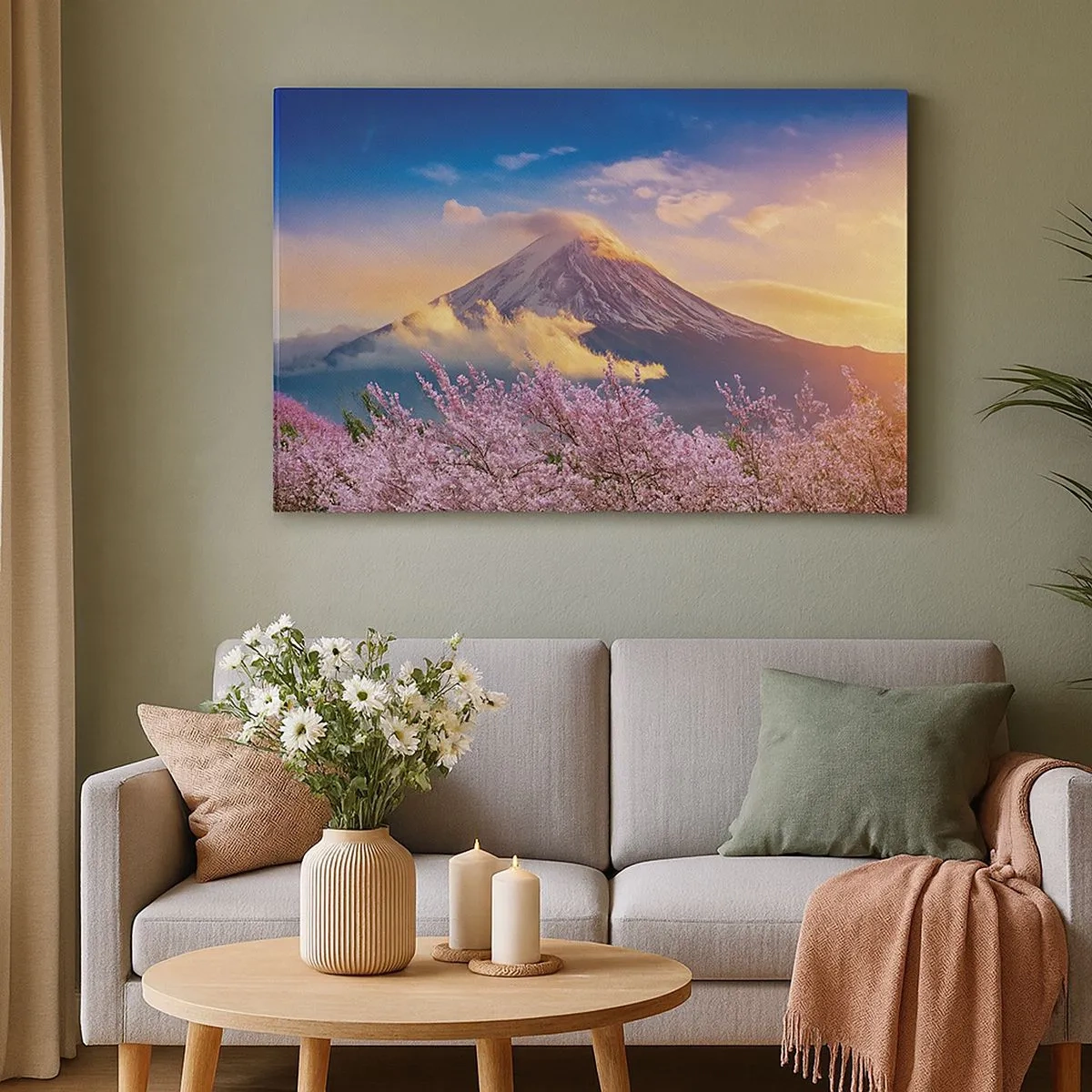 Bild auf Leinwand - Leinwandbild - Mount Fuji mit Kirschblüten im Hintergrund bei Sonnenuntergang - 70x50cm - Japanische Heiligkeit - Moderne Wanddekoration für Wohnzimmer und Schlafzimmer ARTTOR