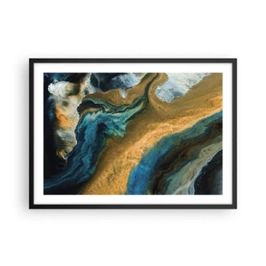 Poster in einem schwarzem Rahmen - Abstrakte Wellen in Gold- und Blautönen - 70x50cm - Blau - Gelb - gegenseitige Beeinflussung - Moderne Wanddekoration für Wohnzimmer und Schlafzimmer ARTTOR