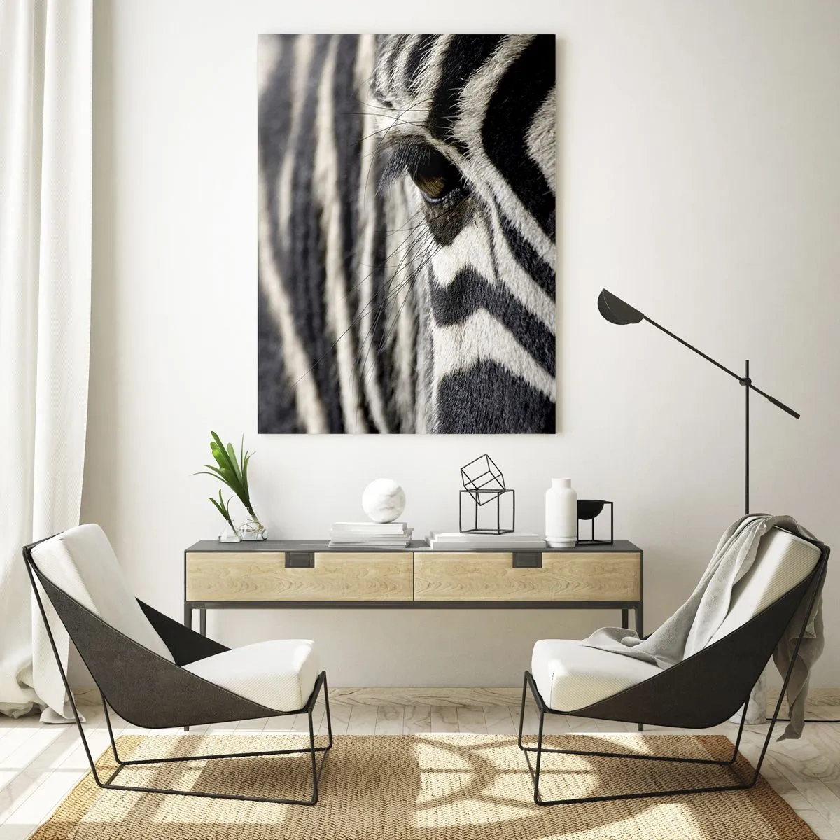 Glasbild - Bild auf glas - Nahaufnahme eines Zebraauges mit schwarzen und weißen Streifen - 70x100cm - Gestreiftes Porträt - Moderne Wanddekoration für Wohnzimmer und Schlafzimmer ARTTOR