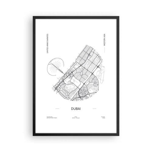 Poster in einem schwarzem Rahmen - Minimalistische Schwarz-Weiß-Karte von Dubai - 50x70cm - Anatomie von Dubai - Moderne Wanddekoration für Wohnzimmer und Schlafzimmer ARTTOR
