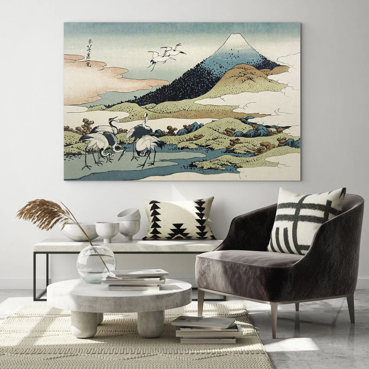 Glasbild - Bild auf glas - Ein Gemälde von Vögeln in einer japanischen Landschaft mit Blick auf den Berg Fuji. - 120x80cm - Im japanischen Geist - Moderne Wanddekoration für Wohnzimmer und Schlafzimmer ARTTOR