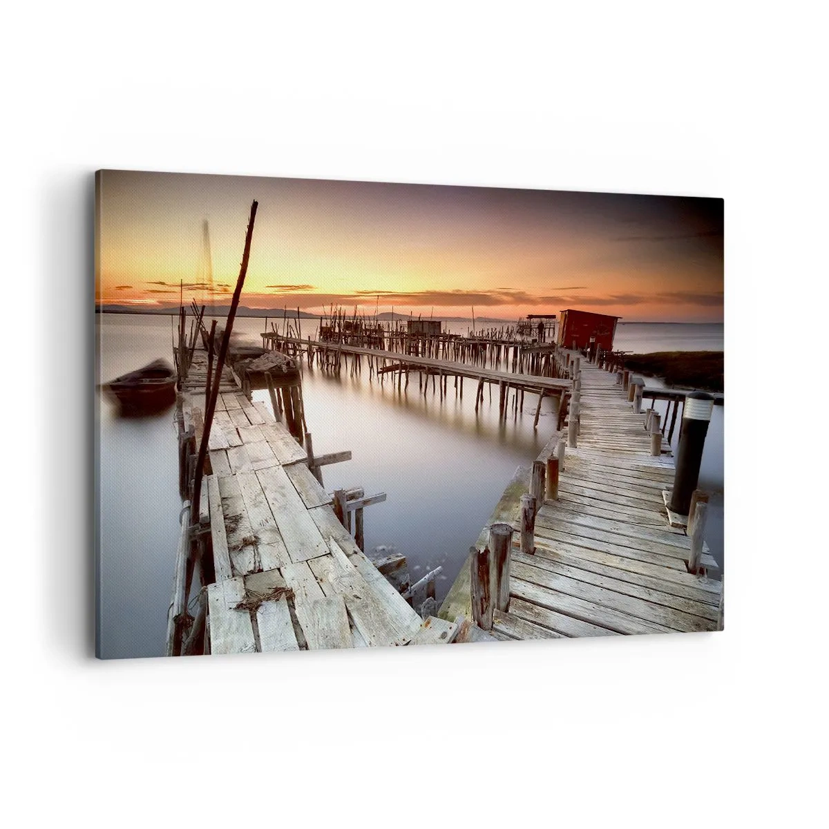 Bild auf Leinwand - Leinwandbild - Holzstege auf ruhigem Wasser bei Sonnenuntergang - 120x80cm - Authentisch, keine Touristenattrappe - Moderne Wanddekoration für Wohnzimmer und Schlafzimmer ARTTOR