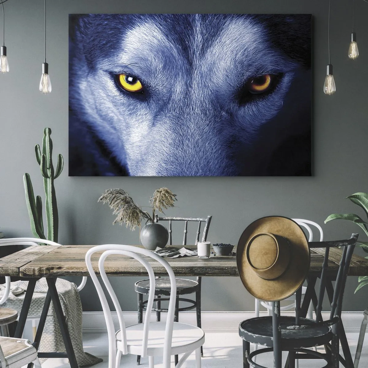 Bild auf Leinwand - Leinwandbild - Nahaufnahme des intensiven Blicks eines Wolfes vor dunklem Hintergrund - 120x80cm - Faszinierender Blick - Moderne Wanddekoration für Wohnzimmer und Schlafzimmer ARTTOR