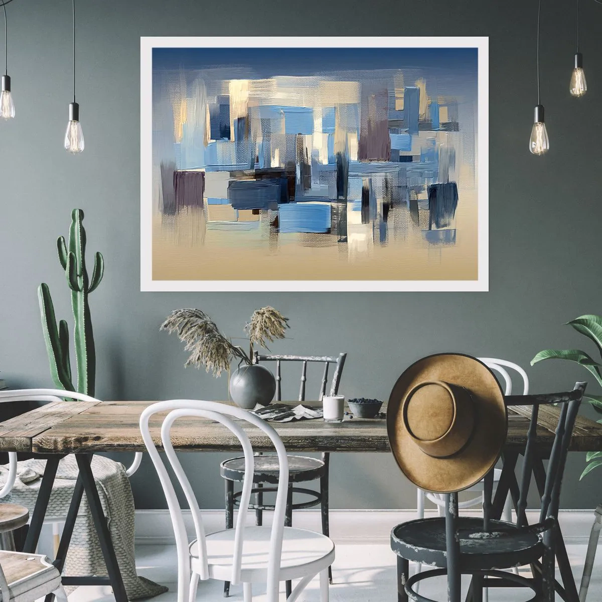 Poster - Geometrische Formen in Blau- und Beigetönen - 100x70cm - Blaue Konstruktion - Moderne Wanddekoration für Wohnzimmer und Schlafzimmer ARTTOR